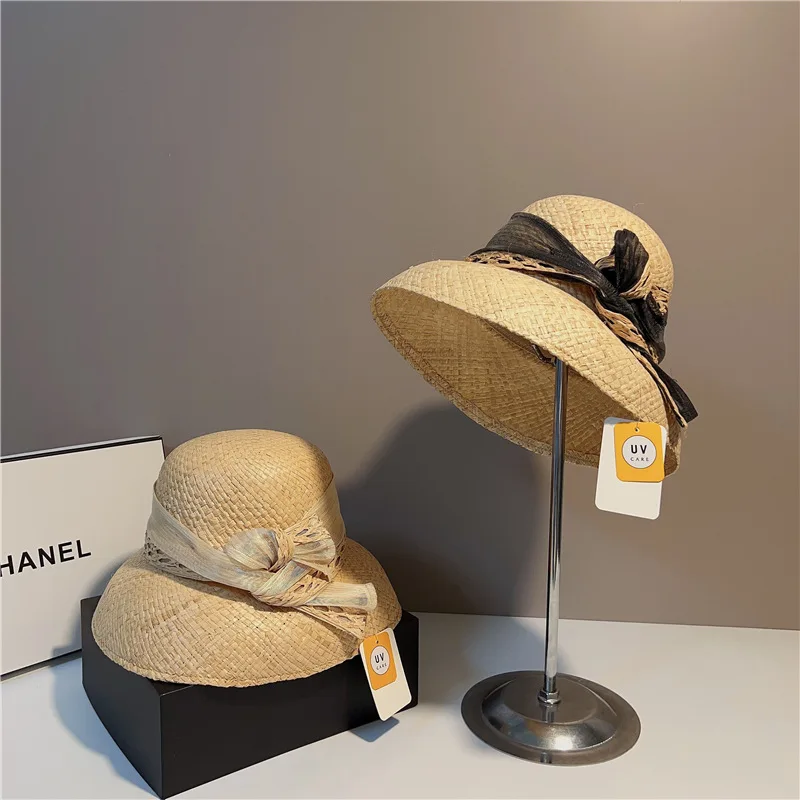 

Fashion New Vintage Raffia Straw Hats For Women Elegant Hepburn Style Wide Brim Sun Hat High Quality French Fadora Hat For Woman