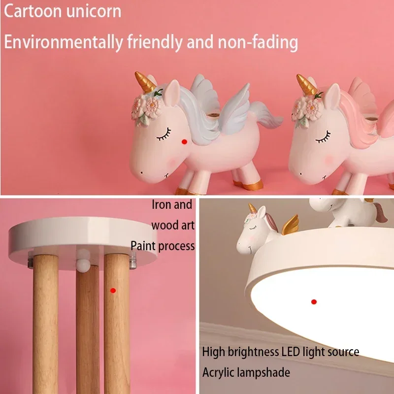 Plafoniera moderna a LED Camera dei bambini Lampada per unicorno in resina per cartoni animati per bambini Soggiorno Sala da pranzo Apparecchio di illuminazione per decorazioni per la casa in ferro