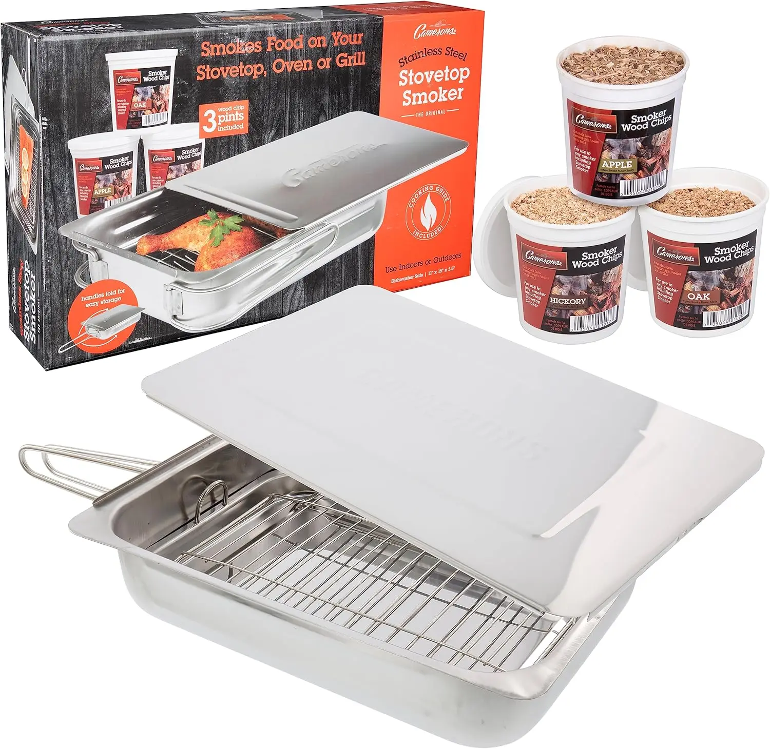 Stovetop Smoker Gift Set with Oak, Apple, Hickory Wood Chips & Recipes - Indoor Outdoor Use for Smoking Meats, Veggies & Seafood