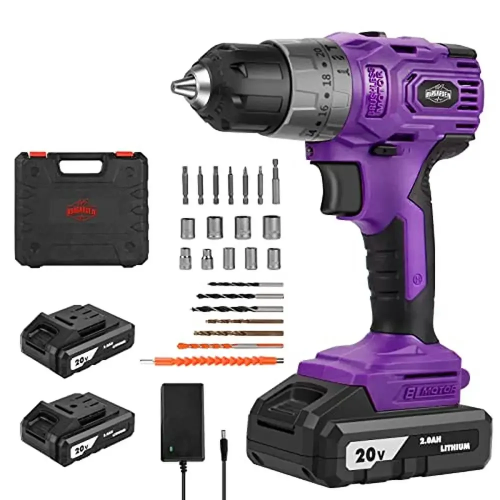 Compact 20V Brushless Cordless Drill Set Purple Electric Driver Motor 20 with 3 Torque Settings 48 N.m 2 Batteries 2000rpm