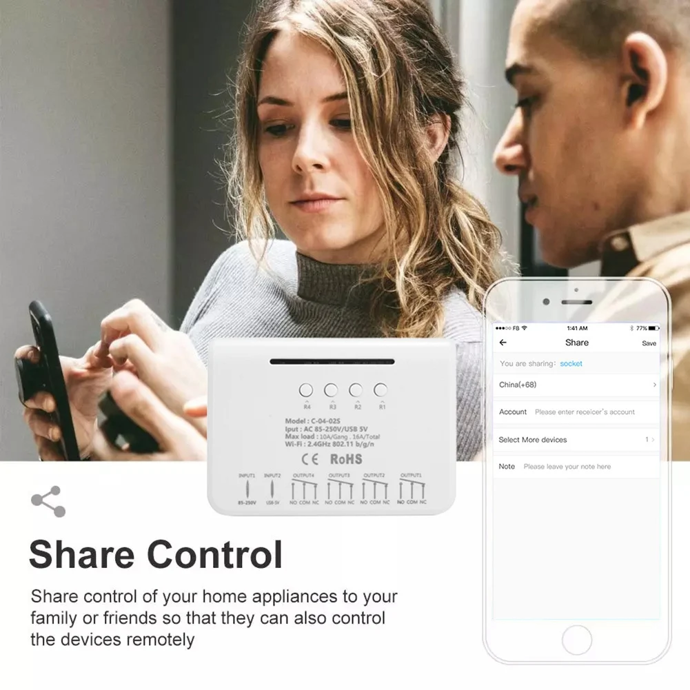 وحدة التبديل المنزلية الذكية Relay 4CH ، WiFi ، RF ، 85V-، 16A ، تردد الراديو التتابع ، جهاز التحكم عن بعد ، المؤقت الذكي