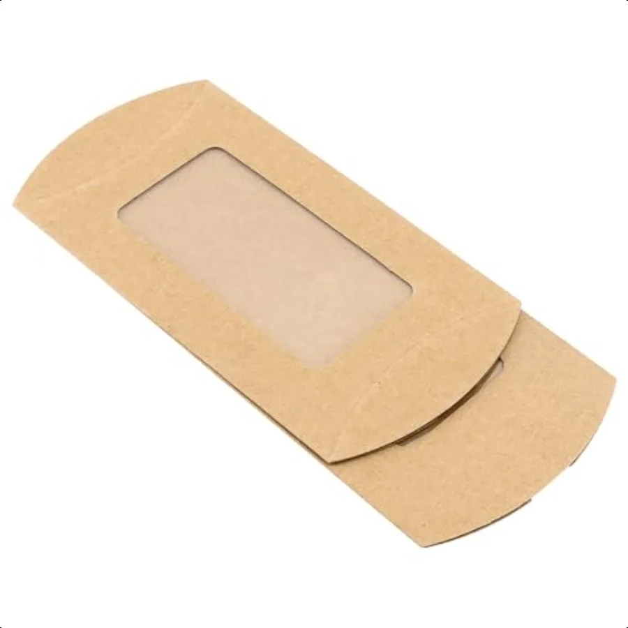 100PCS Kraft Pillow Boxes 5.7 x 3 Inches Small Pillow Gift Boxes with Window Pillow Candy Favor Boxes with Jute for Craft Weedi