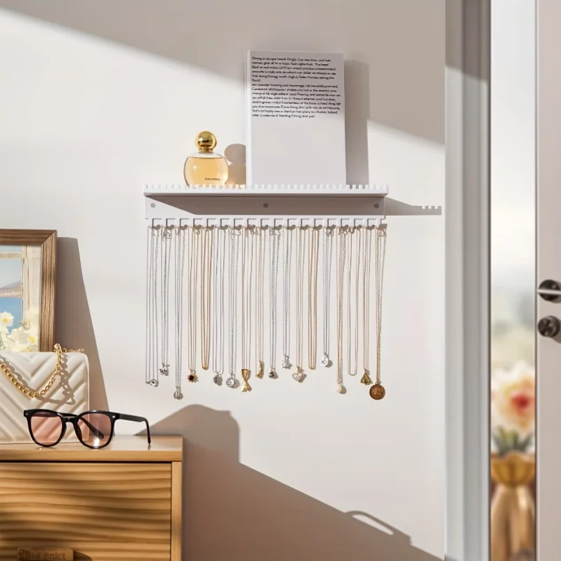 Wall-Mounted Jewelry Organizer with 56 Hooks and Tray, Necklace Display Rack for Storing and Showcasing Various Jewelry Items