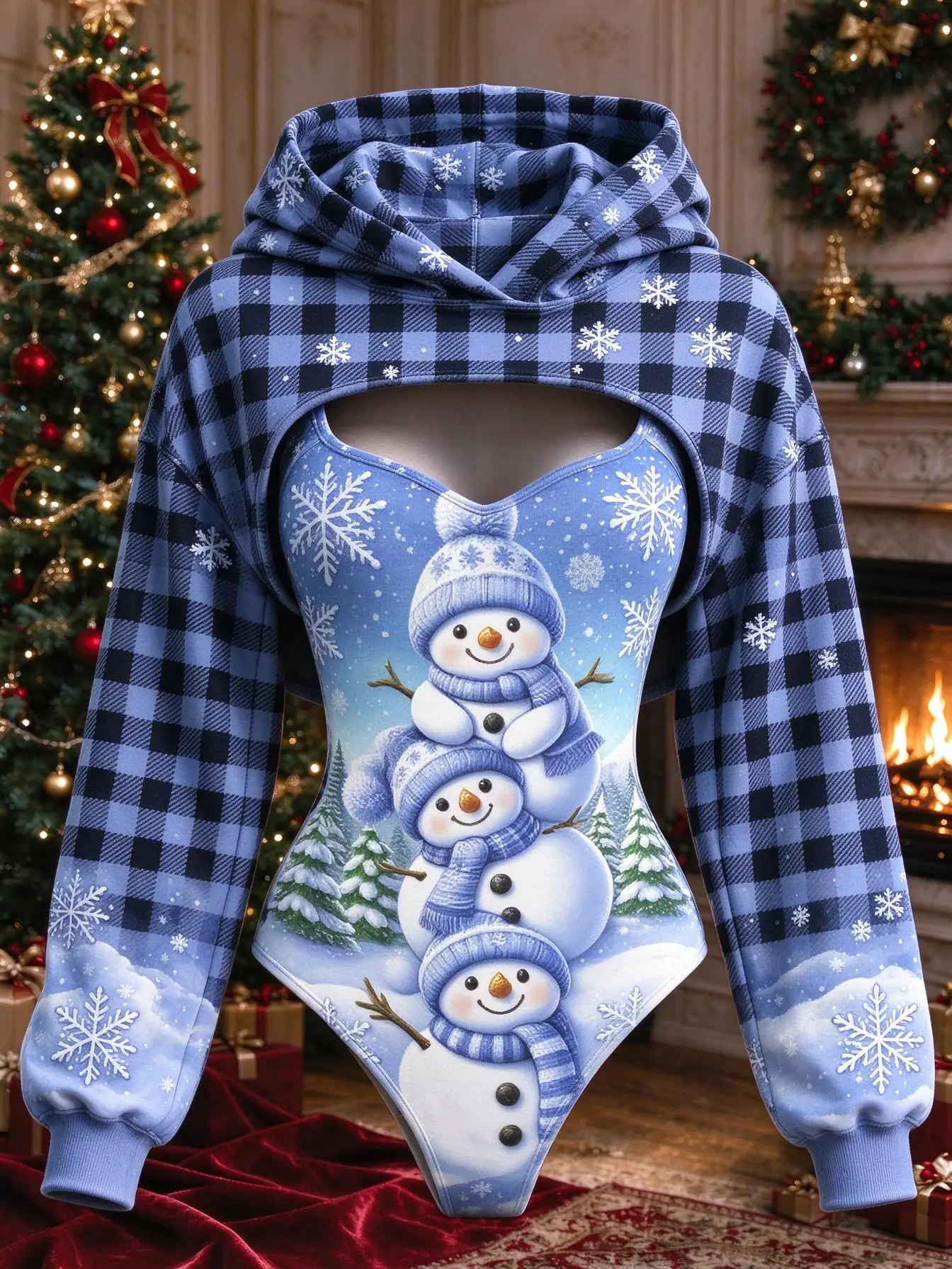 Christmas Women 2 Piece Set Blue Buffalo Plaid Stack Snowman Winter Print Bodysuit & Hooded Shrug Xmas Party Outfit