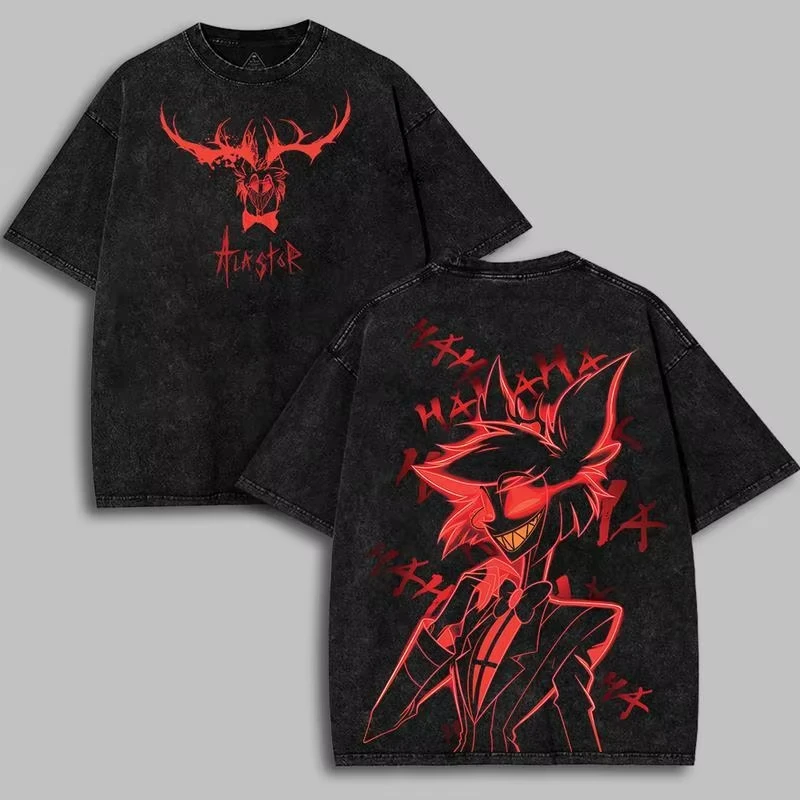 Vintage gewaschenes Baumwoll-T-Shirt mit Hazbin Hotel Alastor Radio Demon Grafikdruck, Unisex, locker geschnittenes Streetwear-Anime-Freizeit-Oberteil mit kurzen Ärmeln – Detail 2