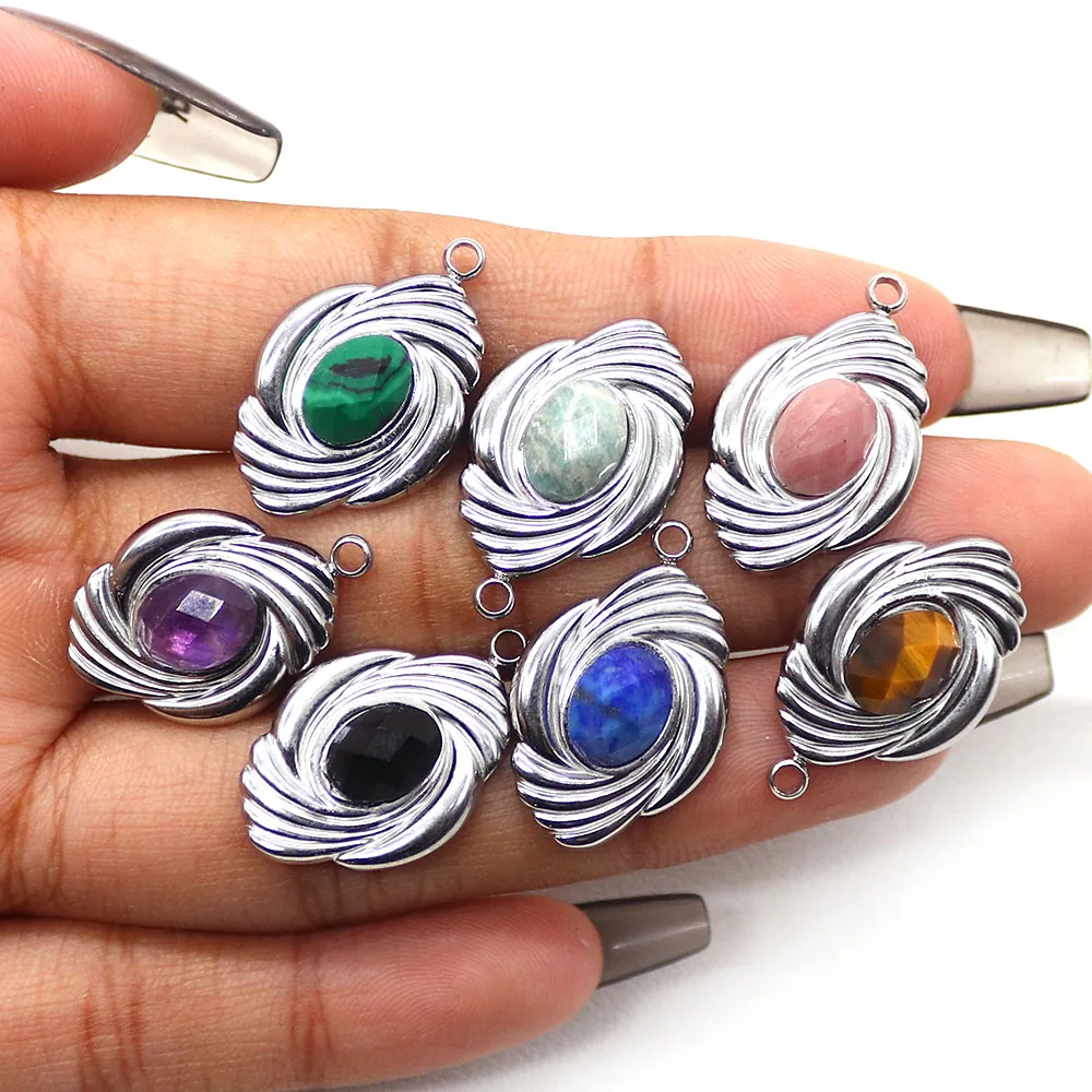 Geometric Horse-eye Shaped Corrugated Stainless Steel Base Inlaid Faceted Amazonite Crystal Agate Perforated Pendant DIY Jewelry