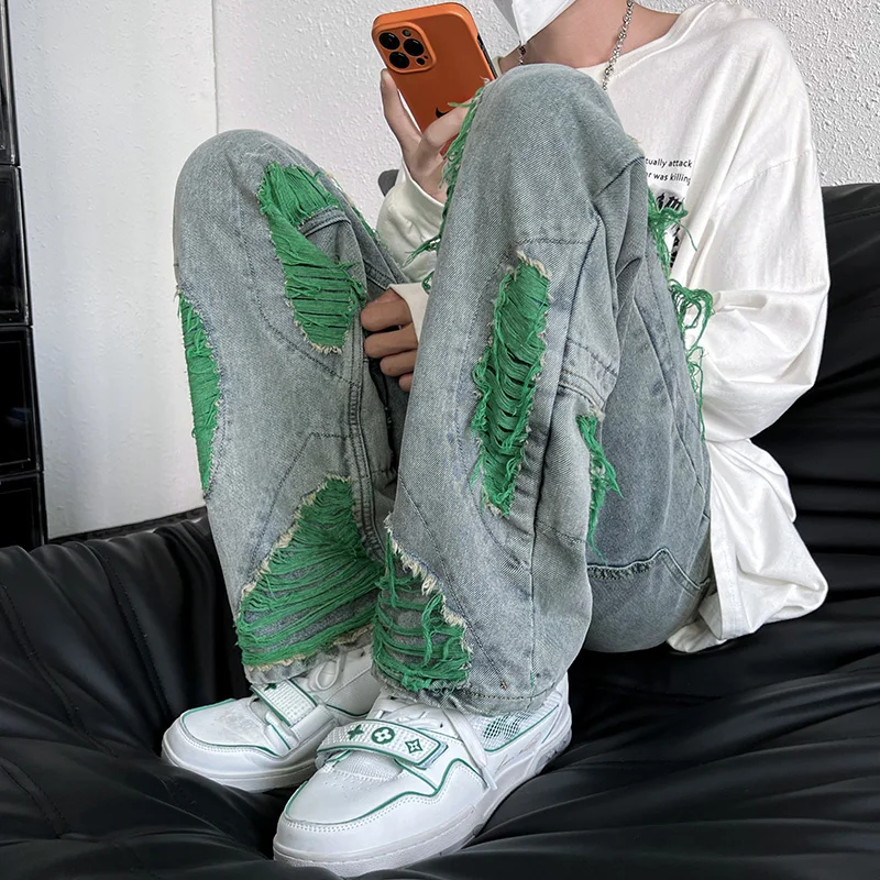 2023 Autumn Streetwear Men Jeans Pants With Hole Korean Version Fashion Straight Denim Wide Leg Trousers