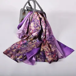 Luxury Purple Floral Silk Scarves Shawls Female Spring Autumn Fashion Elegant Long Silk Scarf Cape Brand Winter Scarves Wraps