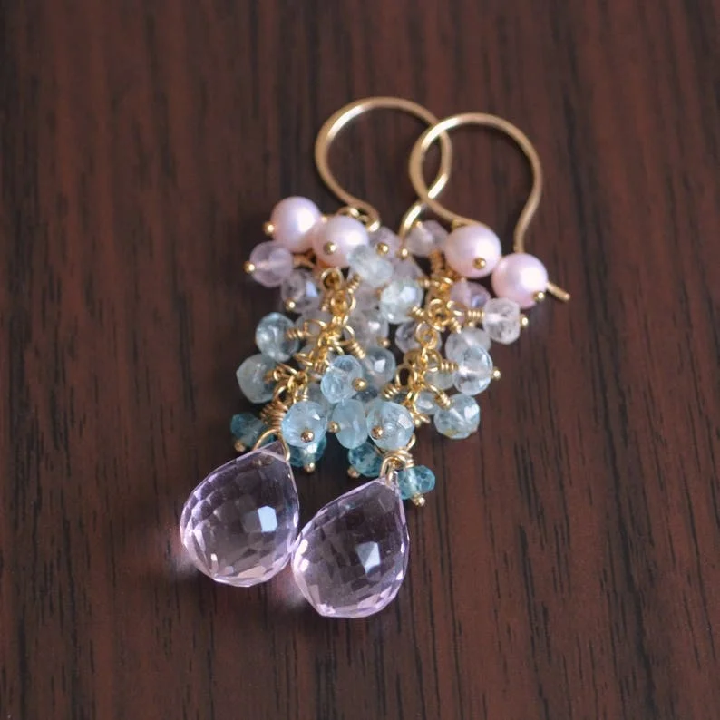 Cluster Earrings, Pearl Bridal Earrings, Aquamarine Apatite Morganite Quartz, Silver or Gold, Morganite Jewelry, Spring Bride