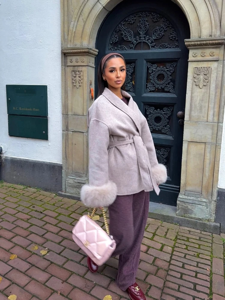 Dámské vintage kabáty s dlouhým rukávem a opaskem z tvídu, otevřené kabáty, 2025, dámské podzimní ležérní bundy pro ženy, klopy, plyšové kabáty z umělé kožešiny - náhled 6