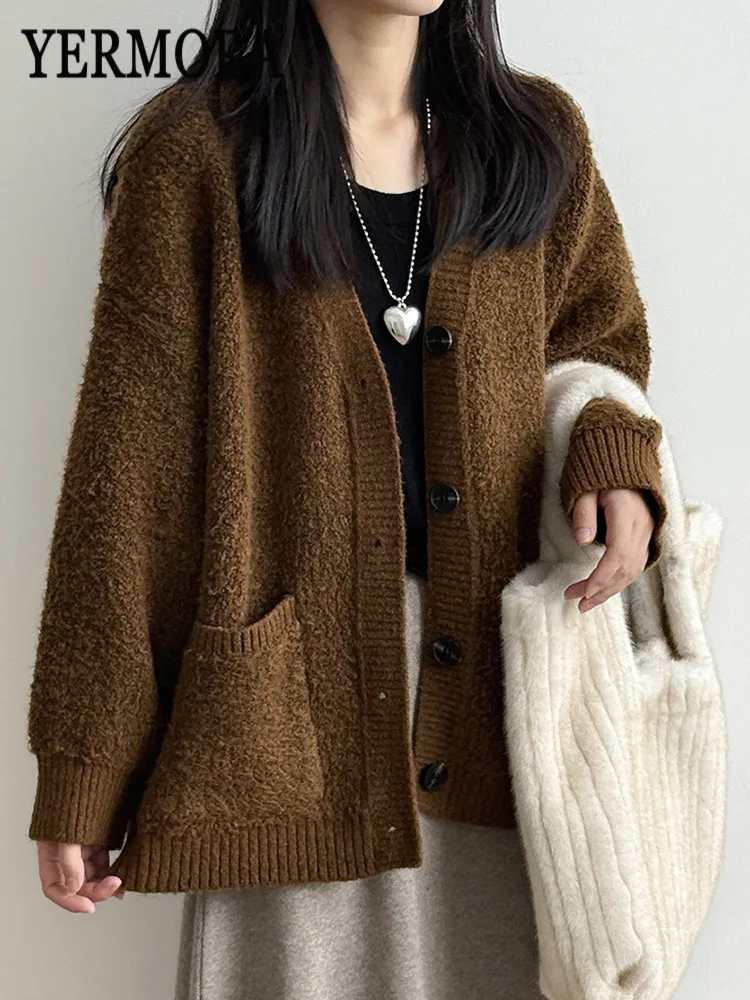 

YERMORA Women's Brown Pocket Button Casual Knitting Cardigan V-Neck Long Sleeve Loose New Sweater Fashion Autumn Winter 2025