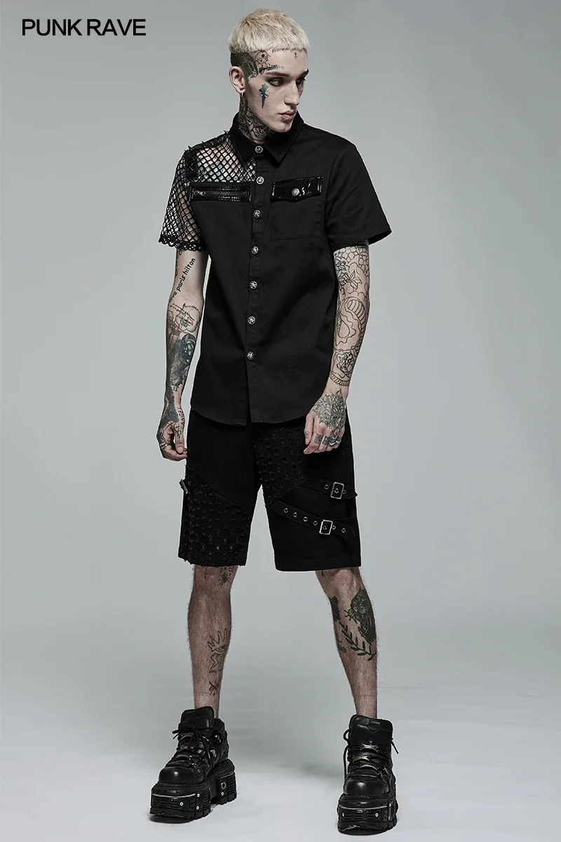 PUNK RAVE Men\'s Punk Simple Profile Asymmetric Stitching Black Shirt Ghost Shaped Buttons Summer Casual Blouses Shirts for Men