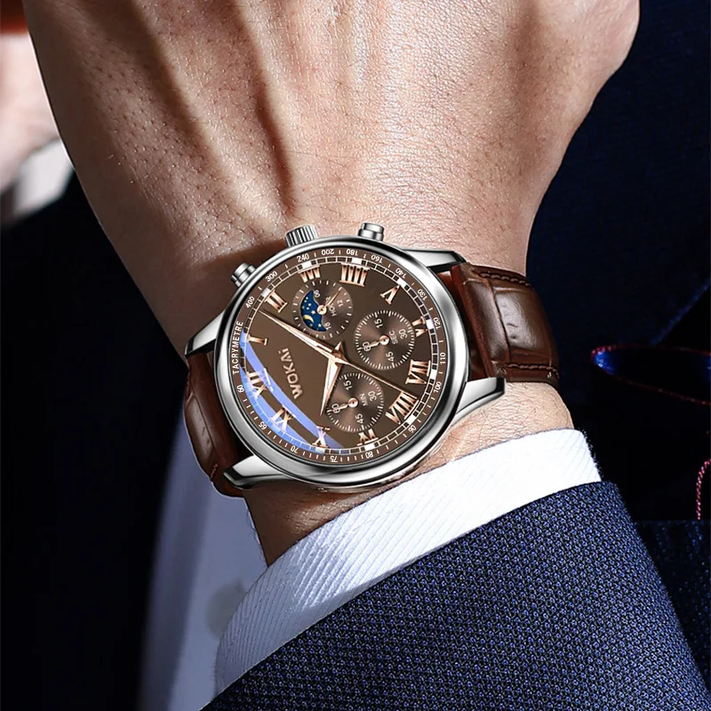 Prezzo basso vendita calda WOKAI orologio da uomo marrone orologi moda Business cinturino in pelle orologi da polso al quarzo da uomo Relogio Masculino 2023