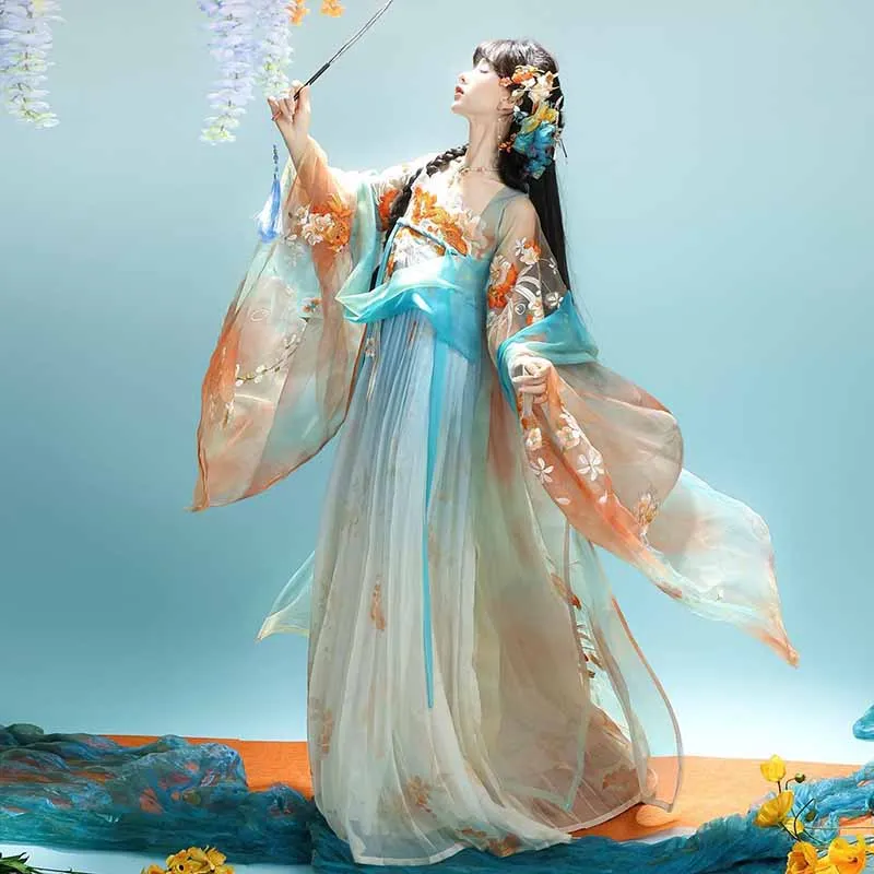 

2026 new Chinese Vintage Gradient Blue Embroidered Hanfu Dress Female Halloween Cosplay Costume Tang Suits Hanfu