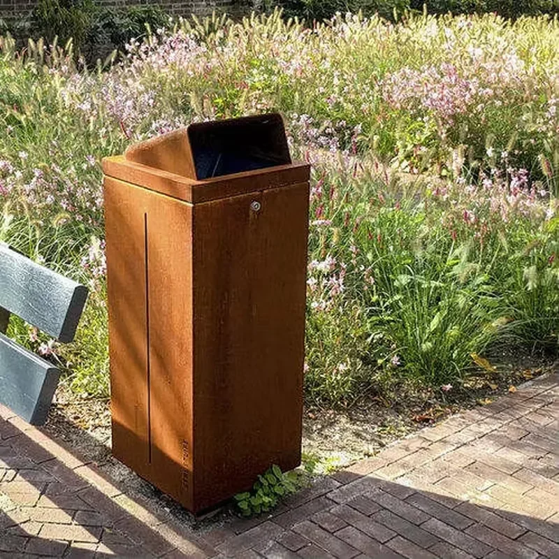 Outdoor Public Corten Steel Bins Easily Assembled Metal Rubbish Trash Can for Parks Landscape