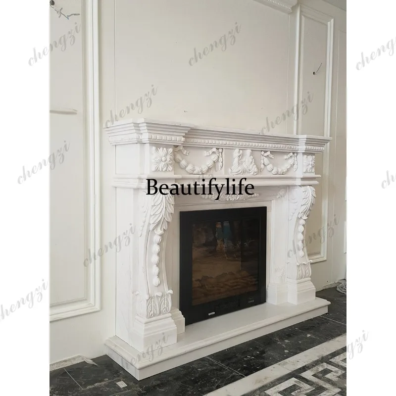 Marble fireplace cabinet European stone carving white marble stone relief flower French fireplace cabinet