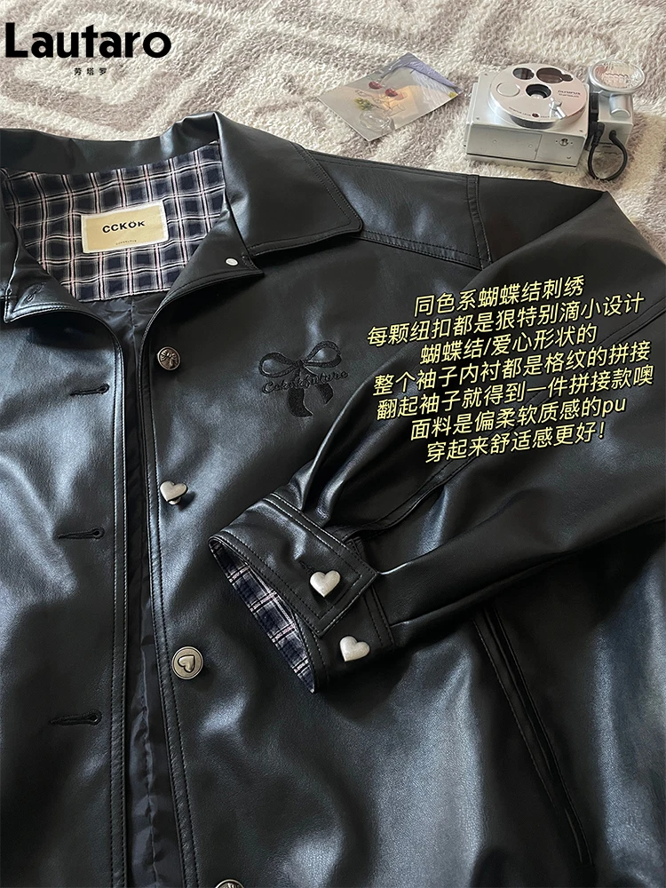 Lautaro Spring Autumn Sweet Cute Oversized Casual Black Soft Pu Leather Jacket Women Embroidery Bow Luxury Designer Clothing