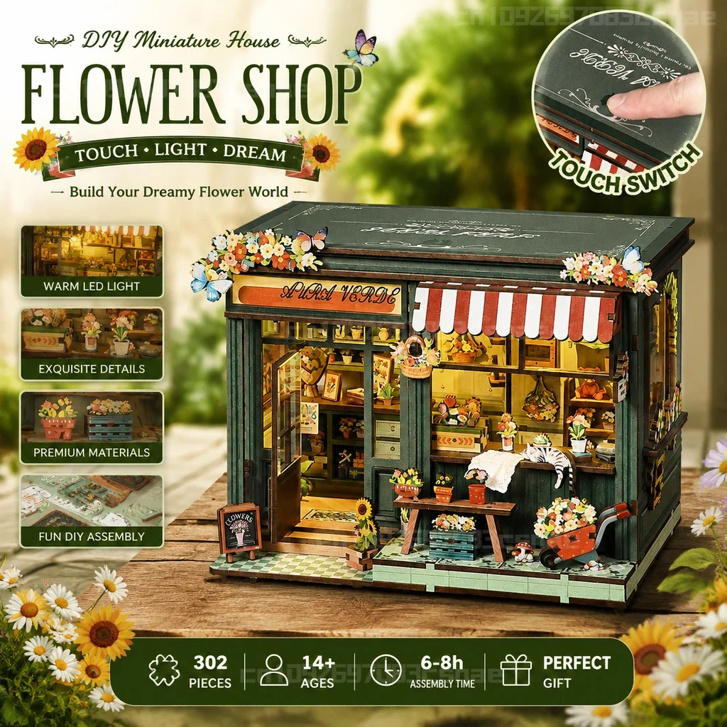 New DIY Cabin Flower Wooden Puzzle Flower Shop Room Model With Led Light Handmade Assembly Craft For Home Decor Holiday Gift