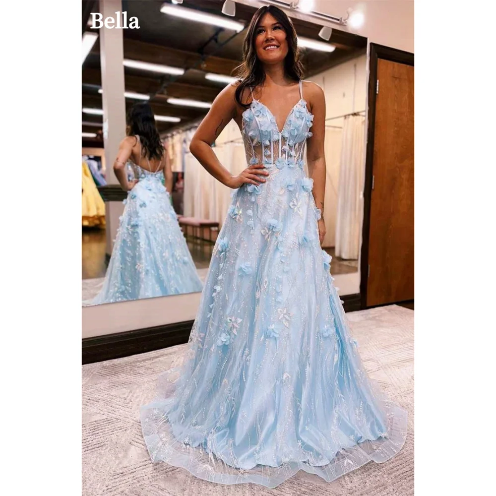 Bella Light Blue Tulle Prom Dresses 3D Flowers V-neck A-line Wedding Dress Elegant Sleeveless Floor-Length Vestidos De Fiesta