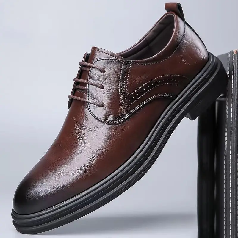 

Men Real Leather Low Top Lace Up Dress Shoes Spring Autumn New Round Toe Low Heel British Style Business Casual Shoes Derby Shoe