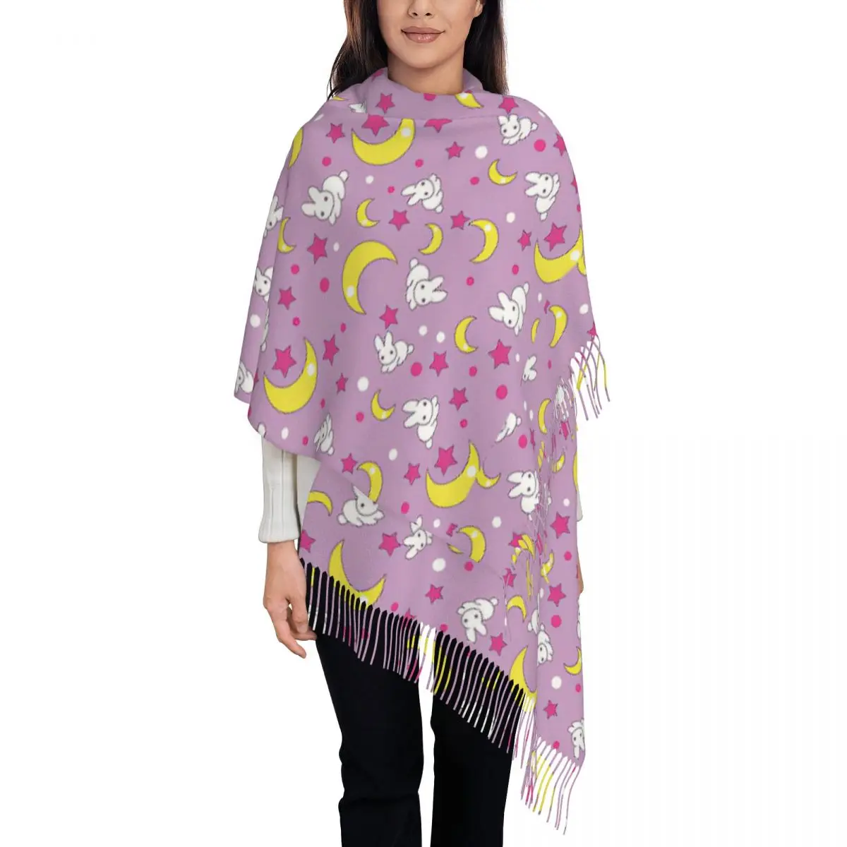 Womens Scarf with Tassel Moon Pattern Long Winter Warm Shawl and Wrap Cute Star Rabbit Gifts Pashmina Scarves