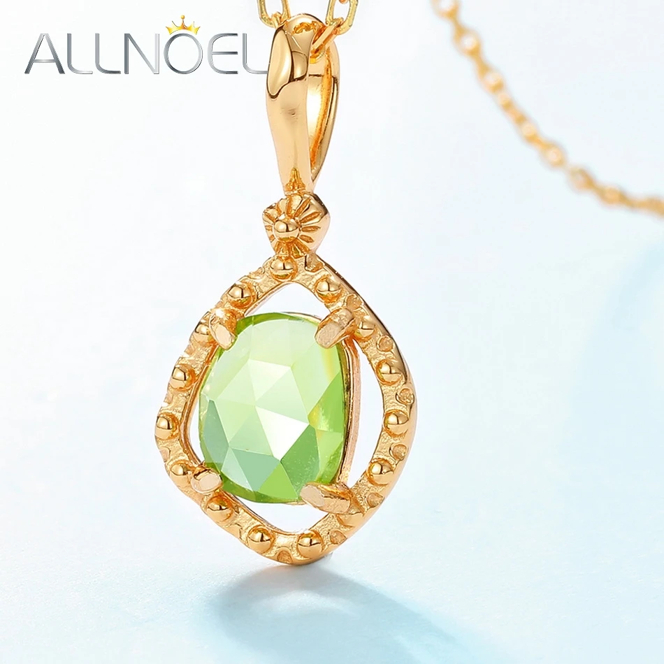 ALLNOEL Natural Peridot Solid 925 Sterling Silver Pendant For Women Exquisite Vintage Gold Plated Fine Jewelry Anniversary Gifts