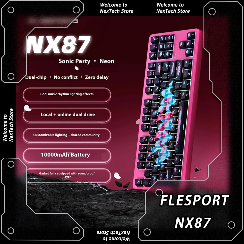 FLESPORT NX87 Трехрежимная механическая клавиатура 87 клавиш раскладка Прокладка Игровая Чип DSP 0 1 мс Задержка 10000 мАч Динамический