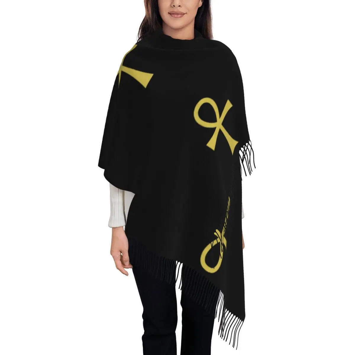 

Древний египетский символ Анк Ключ живого шарфа, женский длинный зимний теплый шаль с кисточками, шарфы унисекс