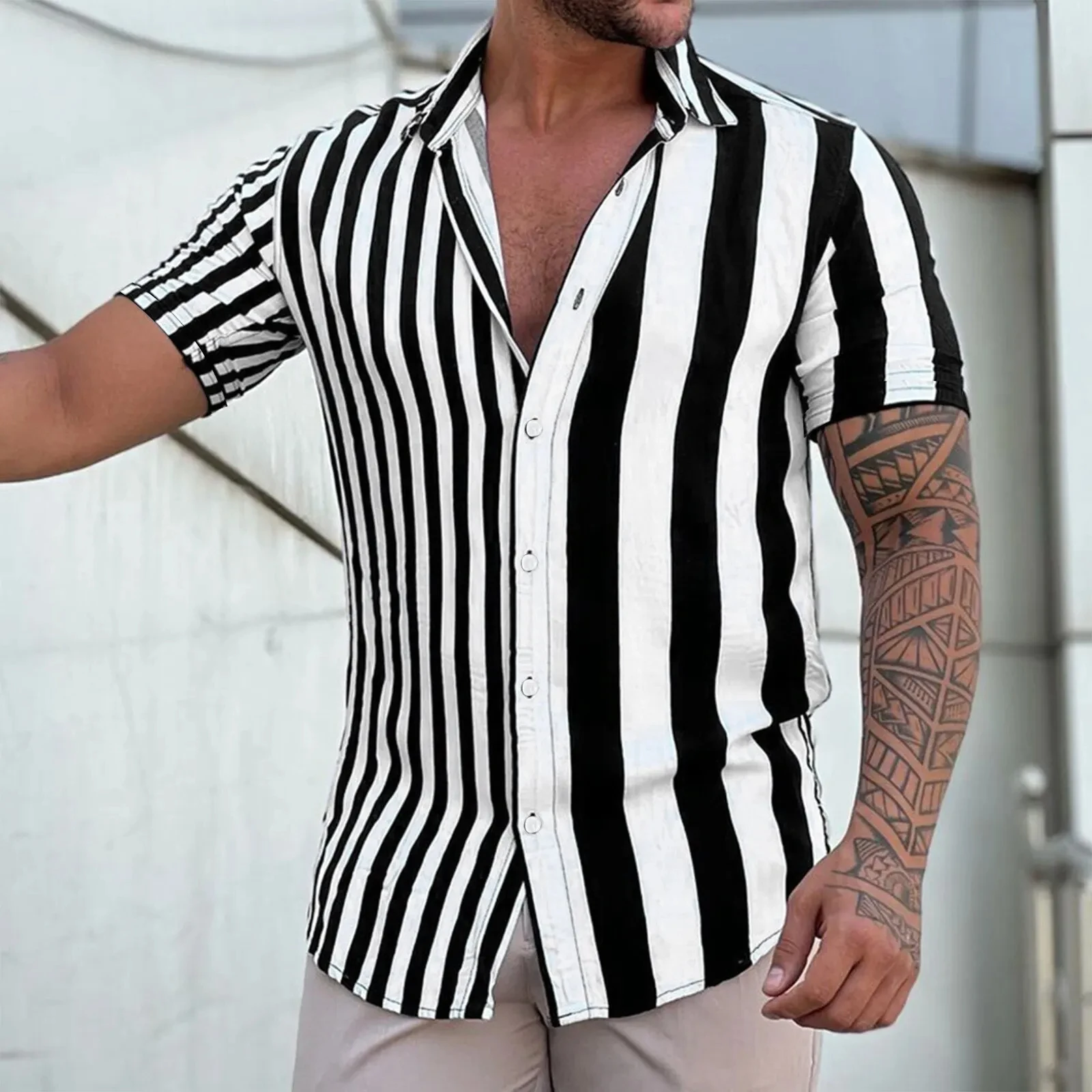 New Men Shirt Fashion Striped 3D Print Short Sleeve Tees Summer Beach Shirt Turn-down Collar Button Casual Blouse Men\'s Clothing