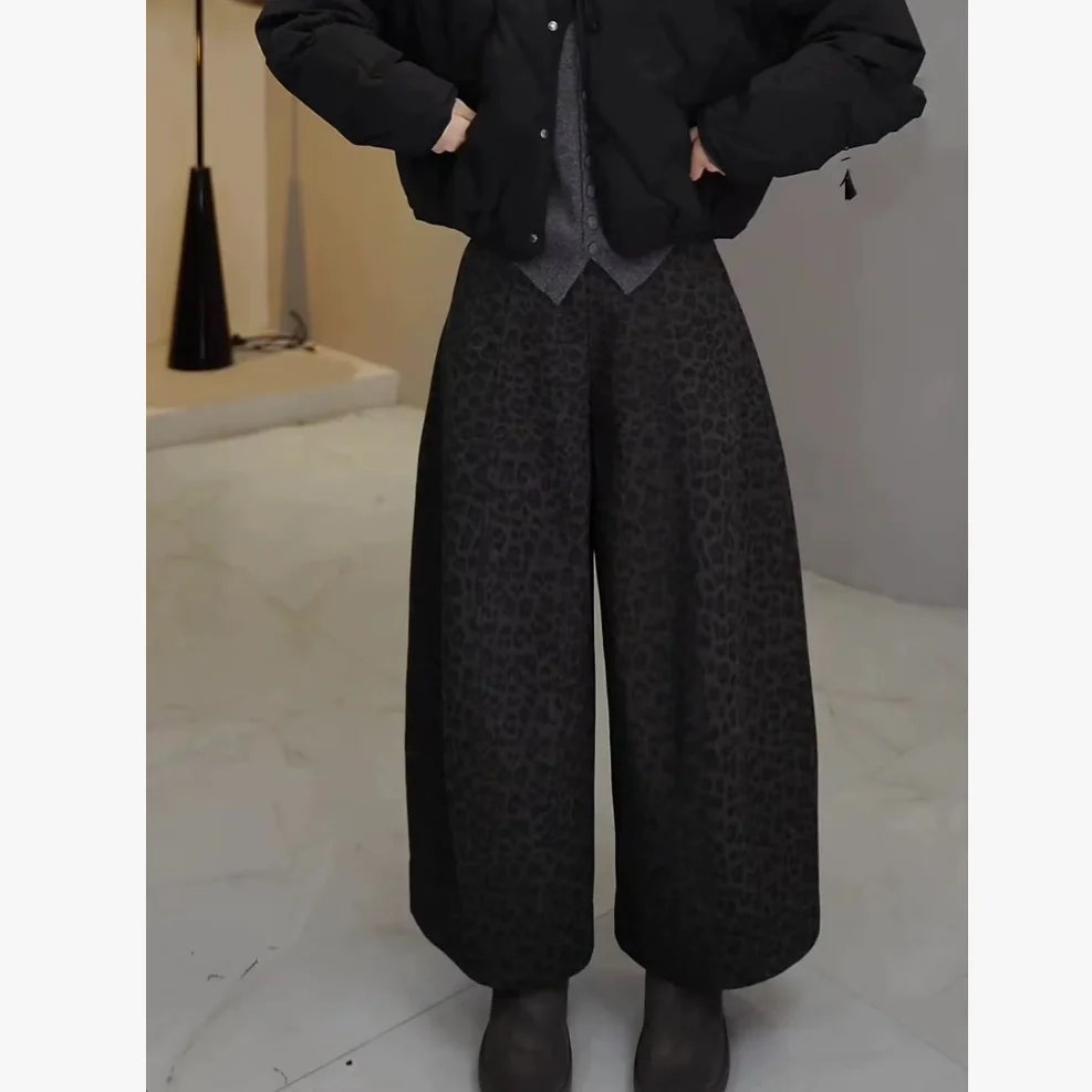 Elegant Leopard Print Wide Leg Pants High Waist Loose Fitting Concealing Casual Style Women's Autumn Winter New Arrival