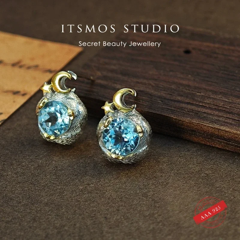 ITSMOS Topaz Earrings Star Moon Stud 925 Sterling Silver Luxury Jewelry Celestial Space Gift for WomenHer Best Friend Gift