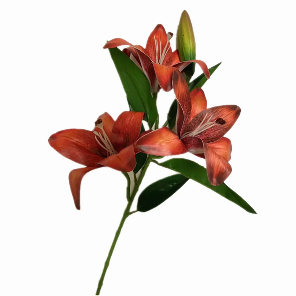 One Real Touch Autumn Color Lily Flower Stem 4 Heads PU Lilies for Wedding Centerpieces Floral Decoration