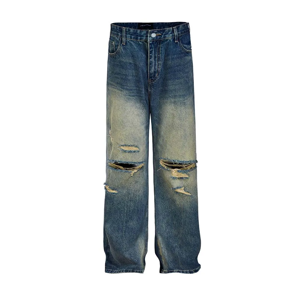 

MADE EXTREME Washed Ripped Cat Whiskers Yellow Mud Wasteland Straight Jeans Men Women