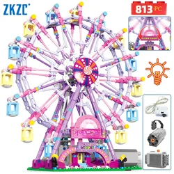 ZKZC Cherry blossom color City Friends Seven Colors LED Rotating Ferris Wheel Building Blocks Electric Bricks Toy Children Gifts