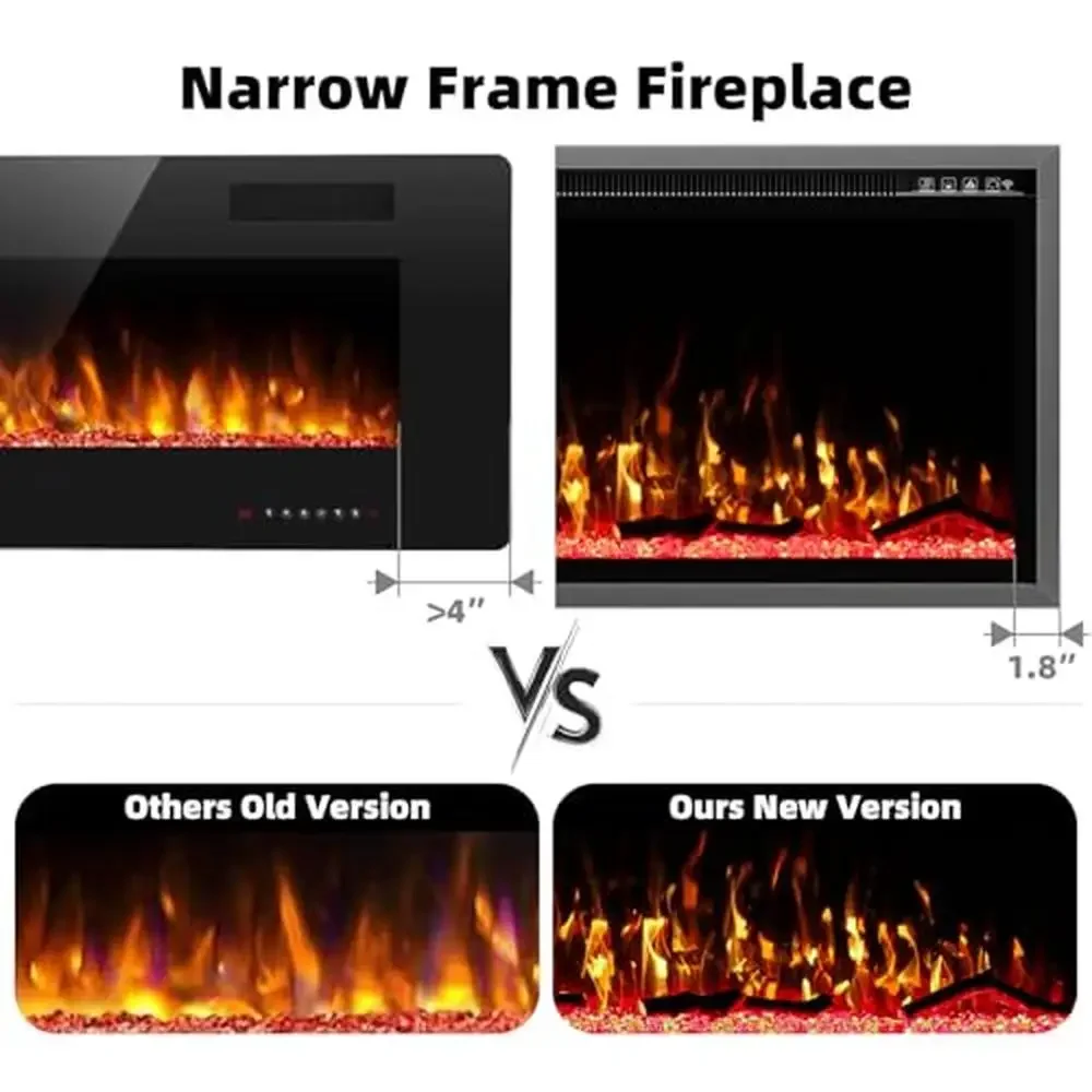 60" Electric Fireplace Inserts Ultra Narrow Frame with Log & Crystal Options Remote Control Wall Mounted Fireplace Customizable