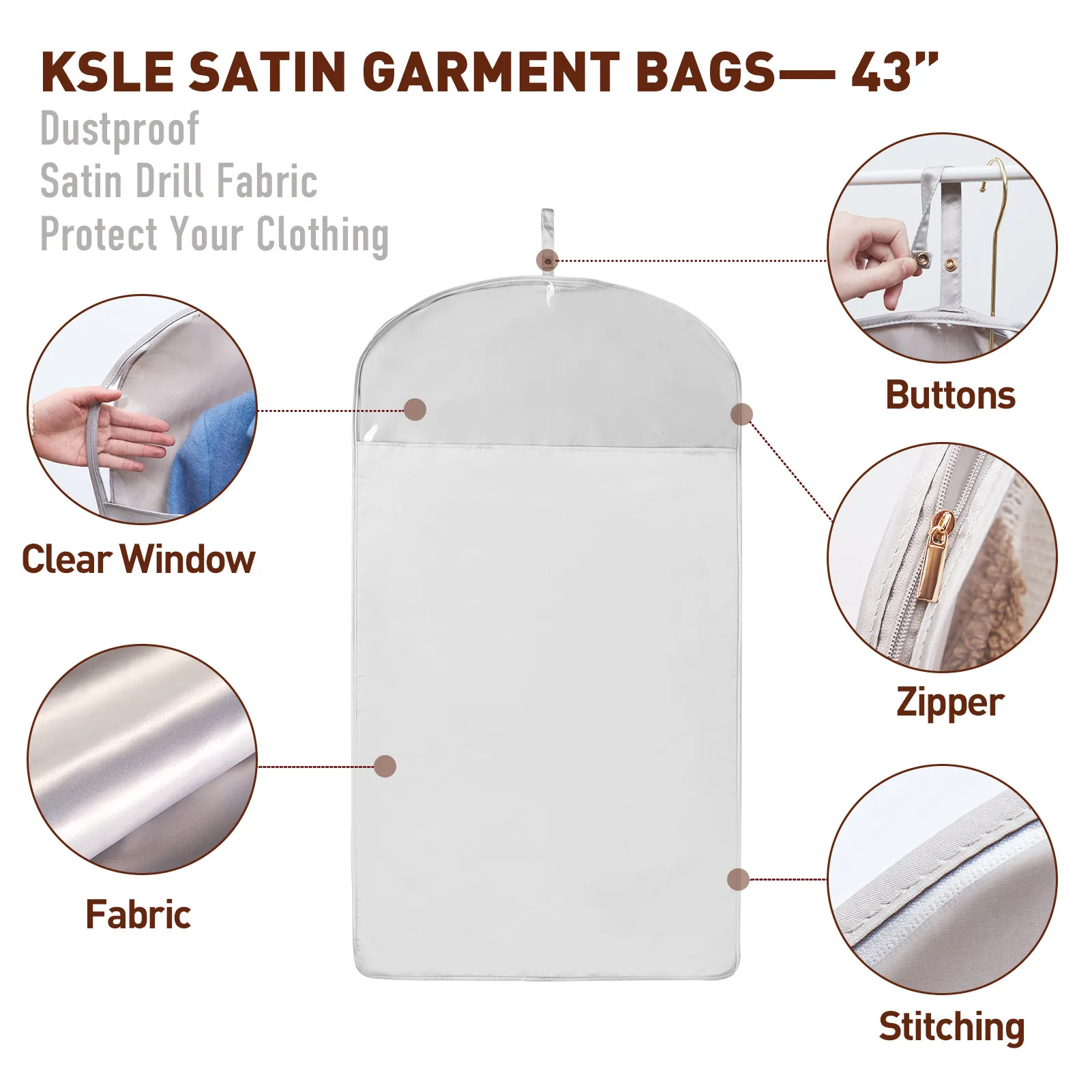 3 Pack 43'' Satin Garment Storage Bags Side Breathable Clear Full Zipper Bags Hanging Suit  Coats Dresses Jackets Bags