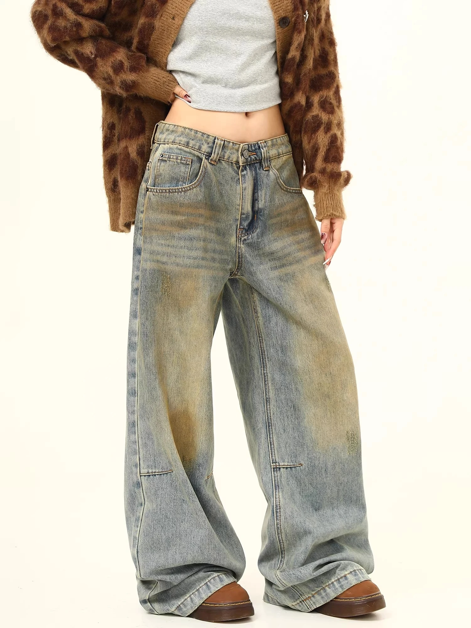 Retro High Waist Wide Leg Jeans Men Women Casual Straight Washed Loose Street Dance Denim Pants Blue Pure Color All Seasons