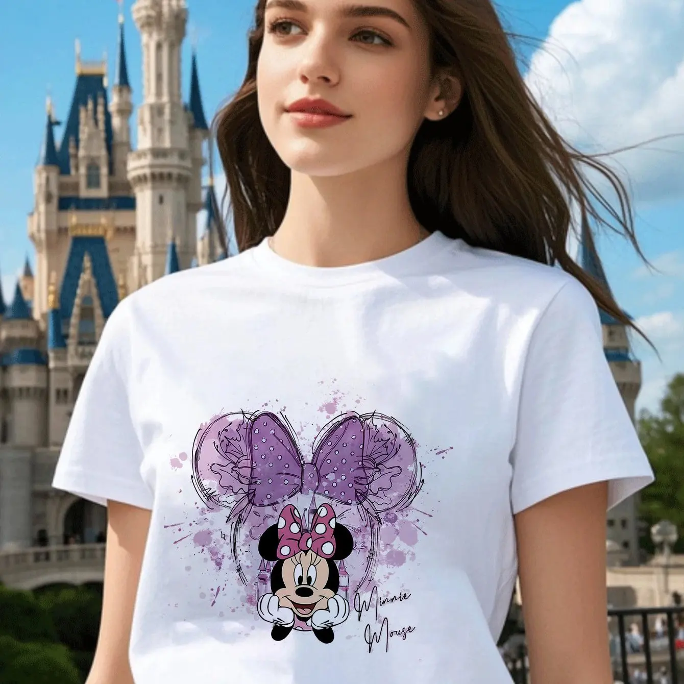 เสื้อยืดพิมพ์ลายมินนี่เมาส์ลายทรอปิคอลทรงหลวมขนาดใหญ่พิเศษสำหรับผู้หญิงจากดิสนีย์ - สีดำพร้อมโบว์สีชมพูและลายผีเสื้อสีม่วง