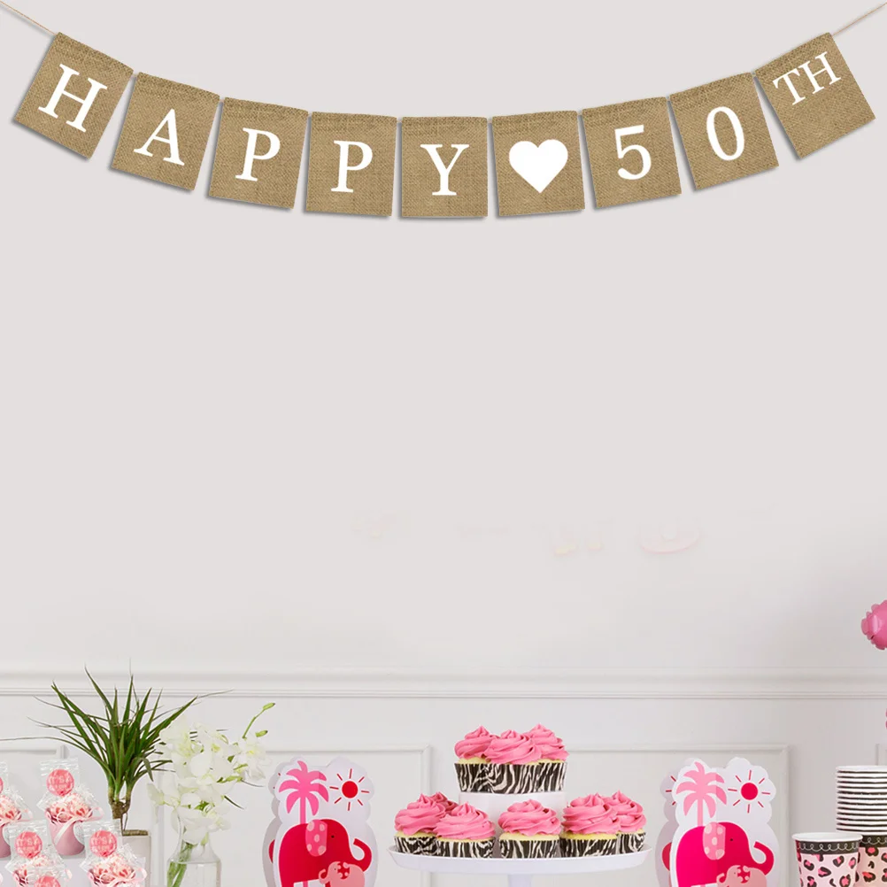 

Burlap Banner Happy 50th Birthday Party Bunting Chic Pull Flag for Party Decoration Excellent Indoor Outdoor Use