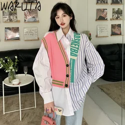 WAKUTA New Patchwork Striped Shirts Women Korean 2024 Spring Autumn Oversize Casual Streetwear Long Sleeve Fake 2 Piece Tops