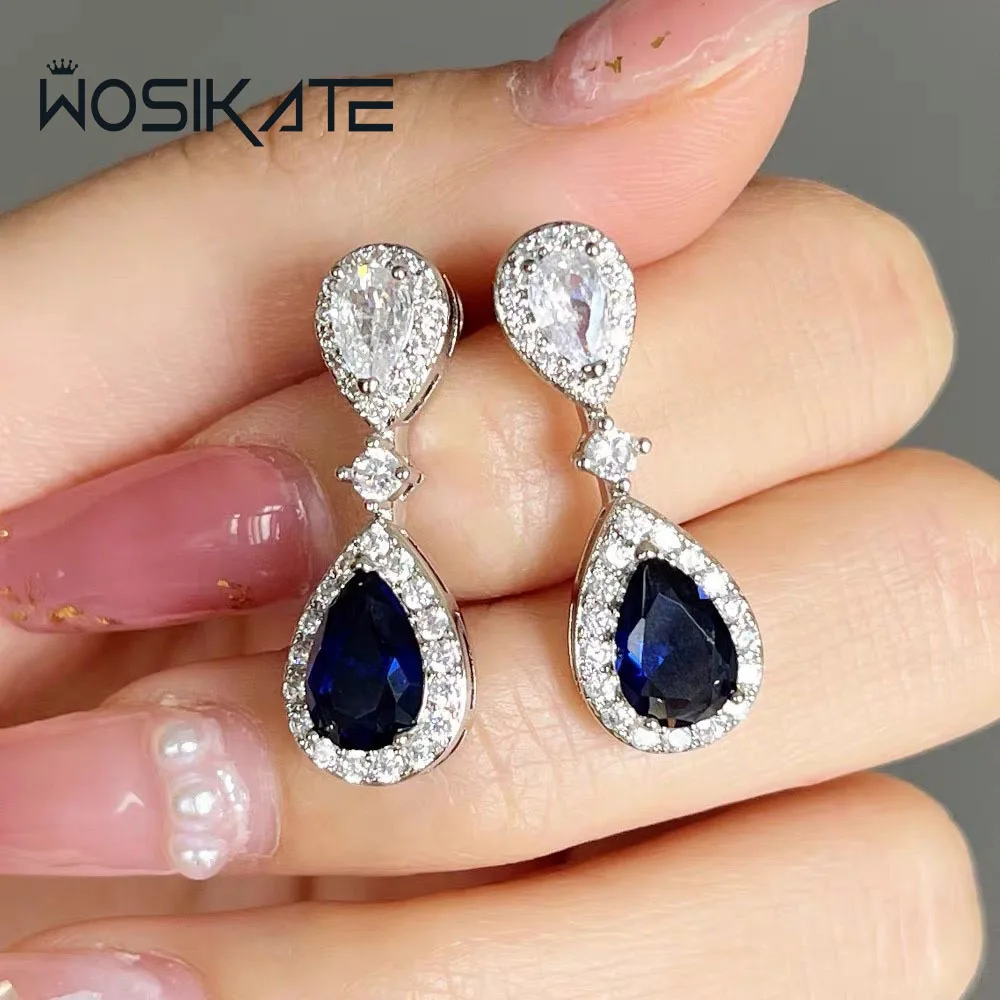 WOSIKATE Luxury Super Sparkle Royal Blue Zirconia Gemstone Earrings For Women 925 Silver Jewellery Fashion Earrings Accessories