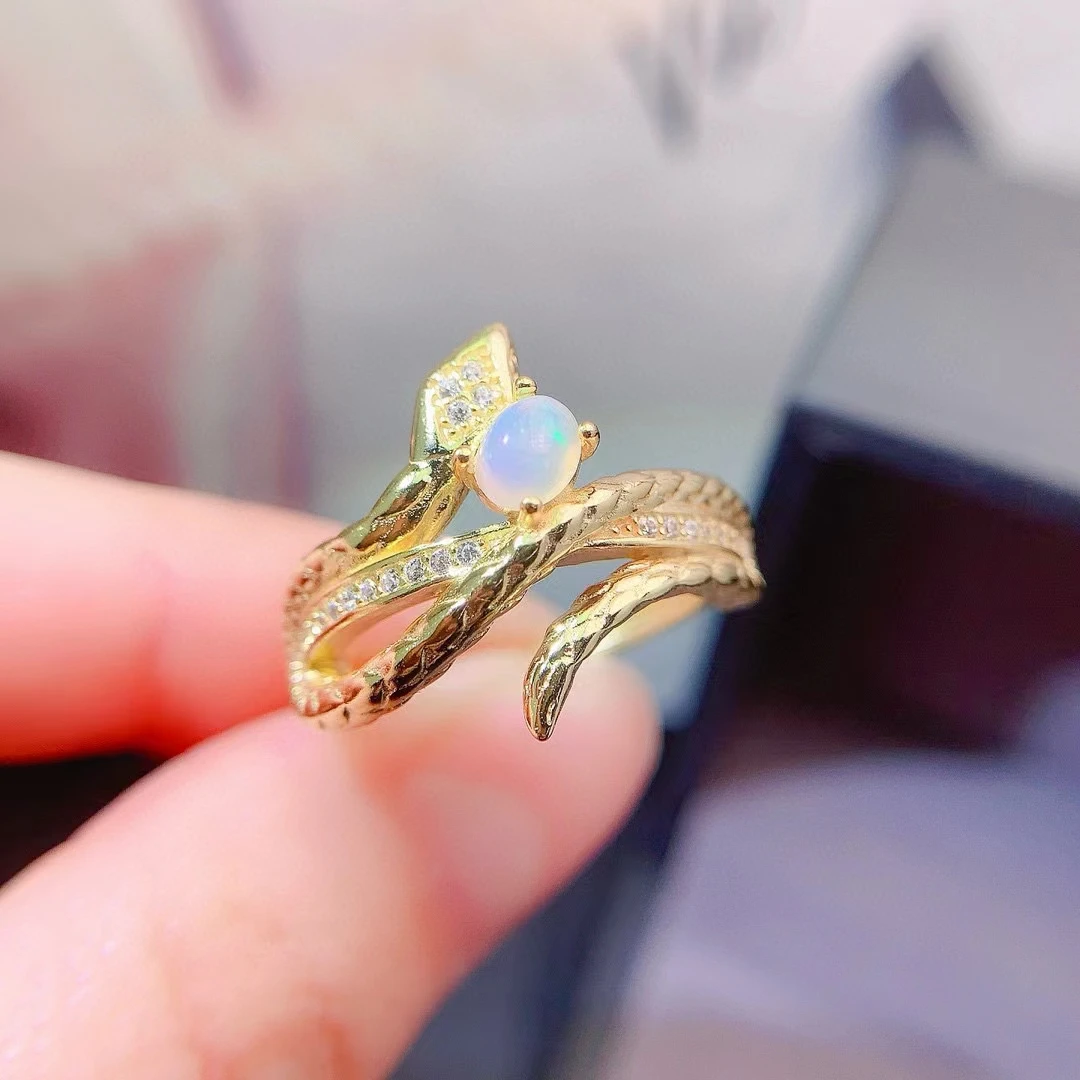 White Opal Silver Snake Ring for Party 4mm*5mm Natural Australia Opal Ring with 3 Layers 18K Gold Plated 925 Silver Jewelry