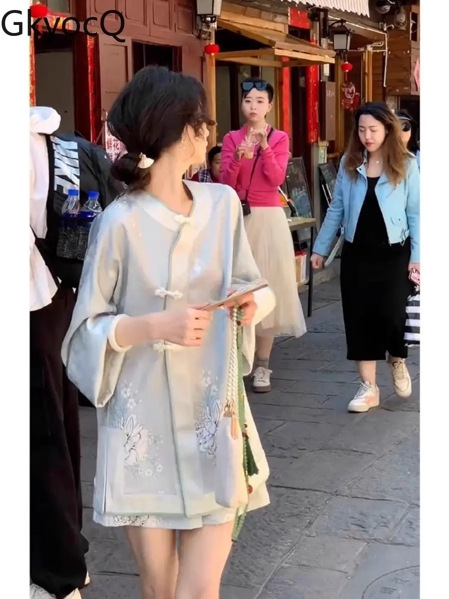 

Women's Chinese Style Light Blue Acetate Summer Set - Trendy Loose Top & Pants Outfit Elegant Casual Youthful Ladies Clothing