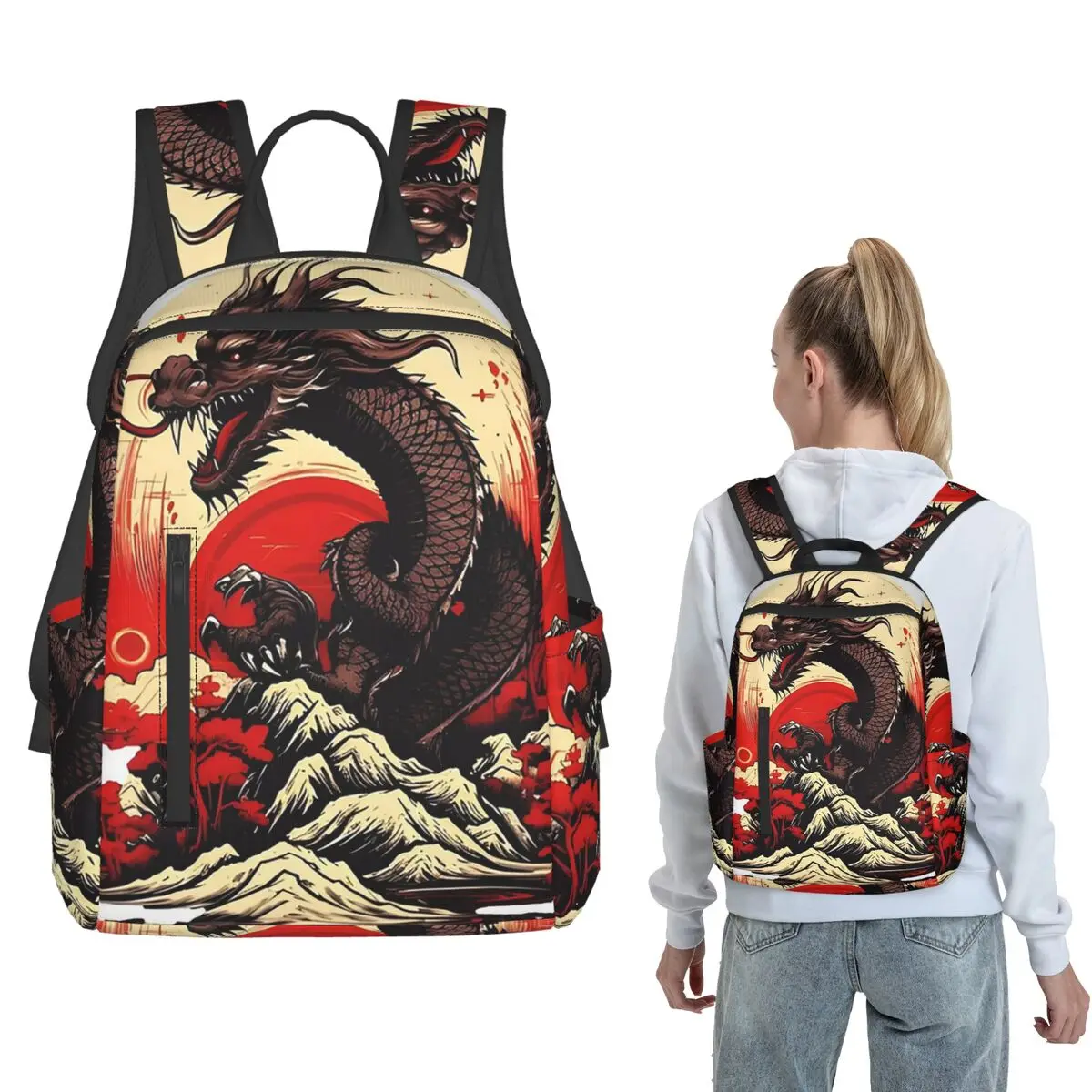 

Japanese Dragon And Red Sun Backpack Daypack Boys Girls BookBag School Bag Shoulder Bags for Men Women