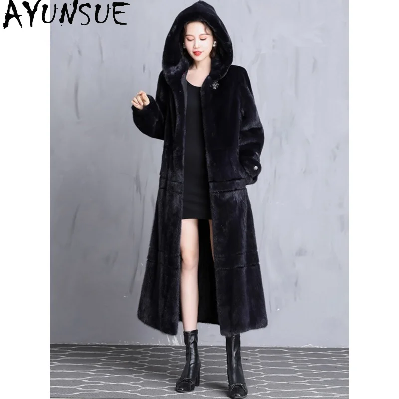 AYUNSUE Natural Velvet Mink Jacket Women Hoodie Real Fur Winter Clothing 100% Whole Mink Womens Coats Long 120cm معطف للنساء