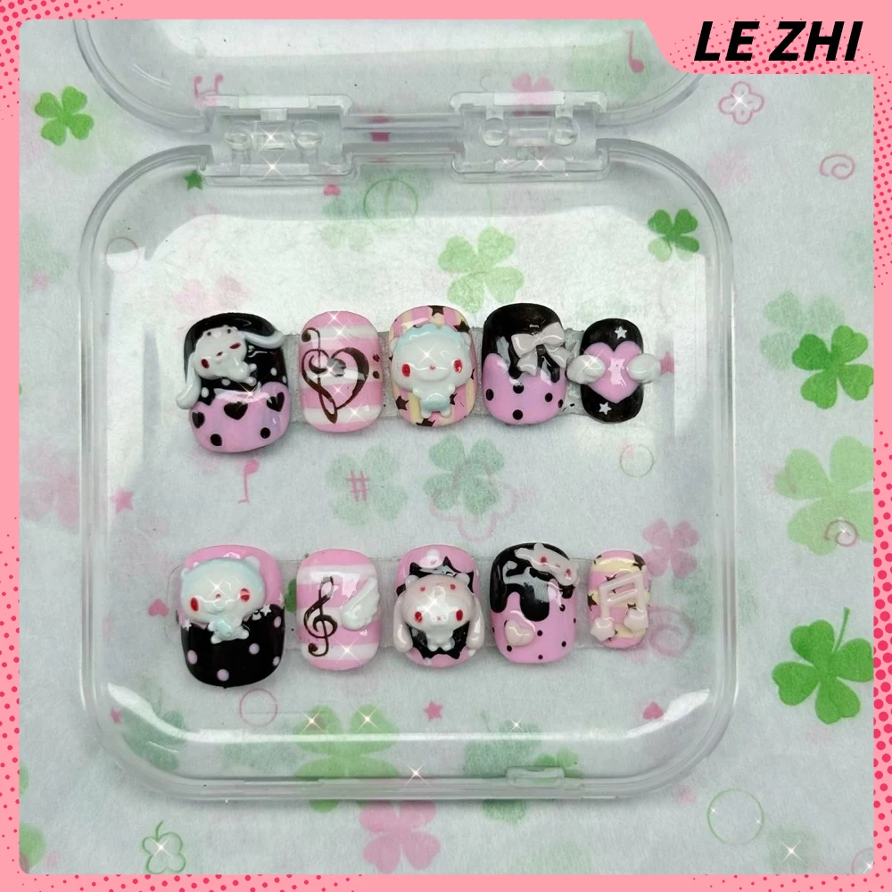 Dibujos animados Rilakkuma conejo gato hecho a mano corto cuadrado prensa en las uñas Bowknot copo de nieve alas notas musicales pegatina de fiesta de uñas