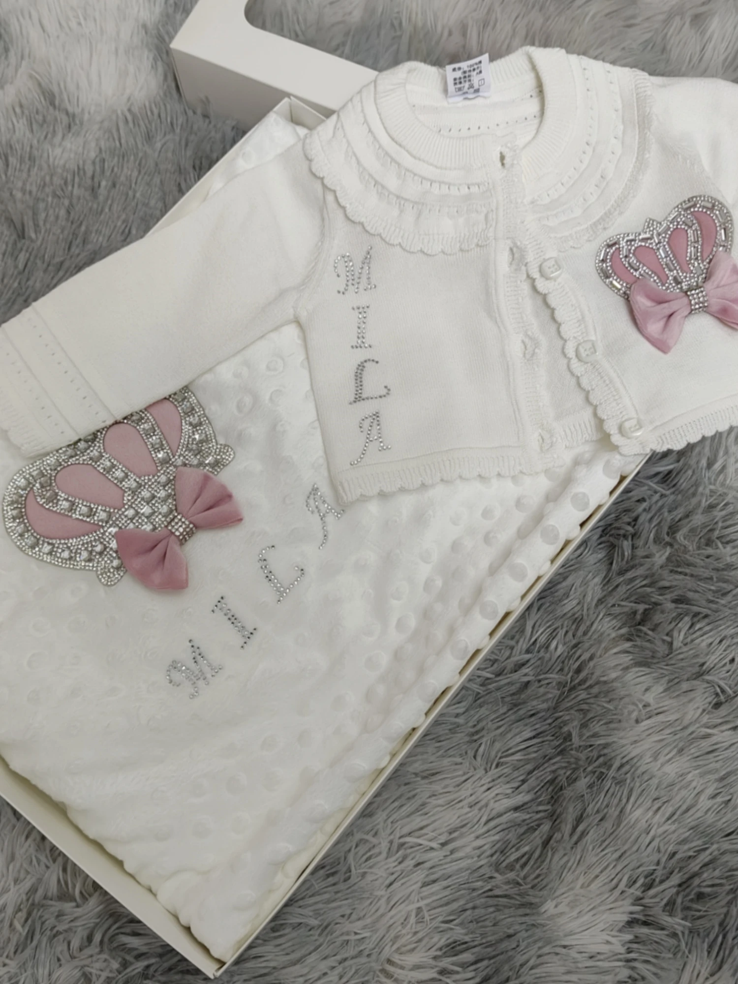 Elegant Precious 3Pcs Newborn Baby Girl Crown Bow Luxury White Knit Cardigan Footed Romper Set Baby Shower Gift