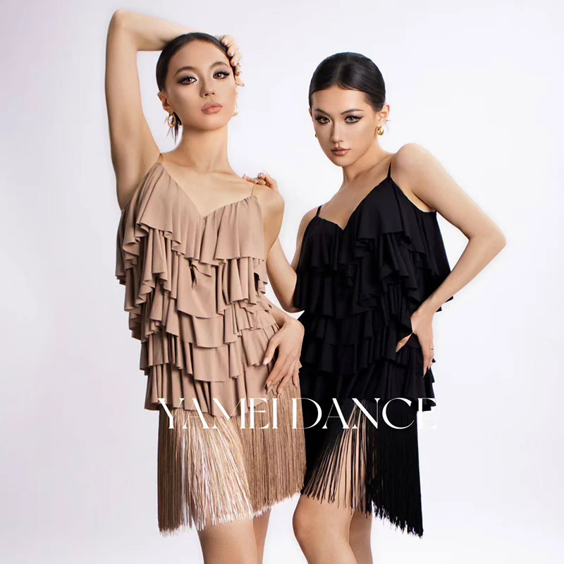 

Летняя одежда для латинских танцев, женские топы с рюшами, юбка с бахромой, черные платья, одежда для соревнований по ча-ча-ча и румбе, одежда для тренировок