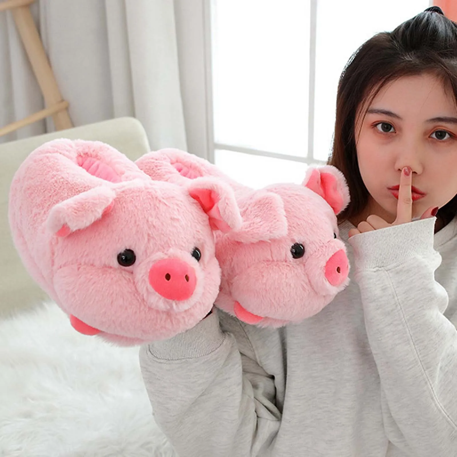 Women Cute Cartoon Slippers Christmas Elk Pig Animal Plush Indoor Comfortable Warm Cover Heel Non Slip Slippers Winter Slides