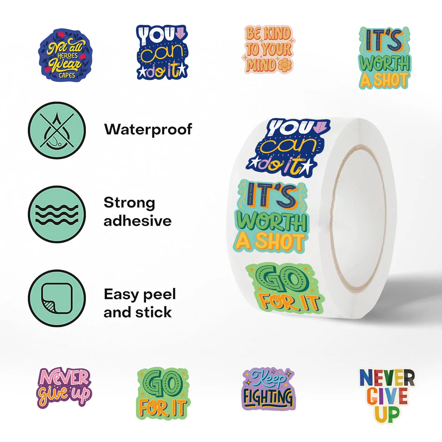 500pcs/Roll Cartoon Inspirational English Phrases Sealing Stickers DIY PVC Laptop Decals Decoration Stiker Reward Gift Toys